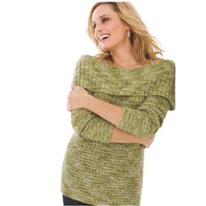 Chico's LIKE NEW Space metallic sequin green mohair blend shoulder sweater XL